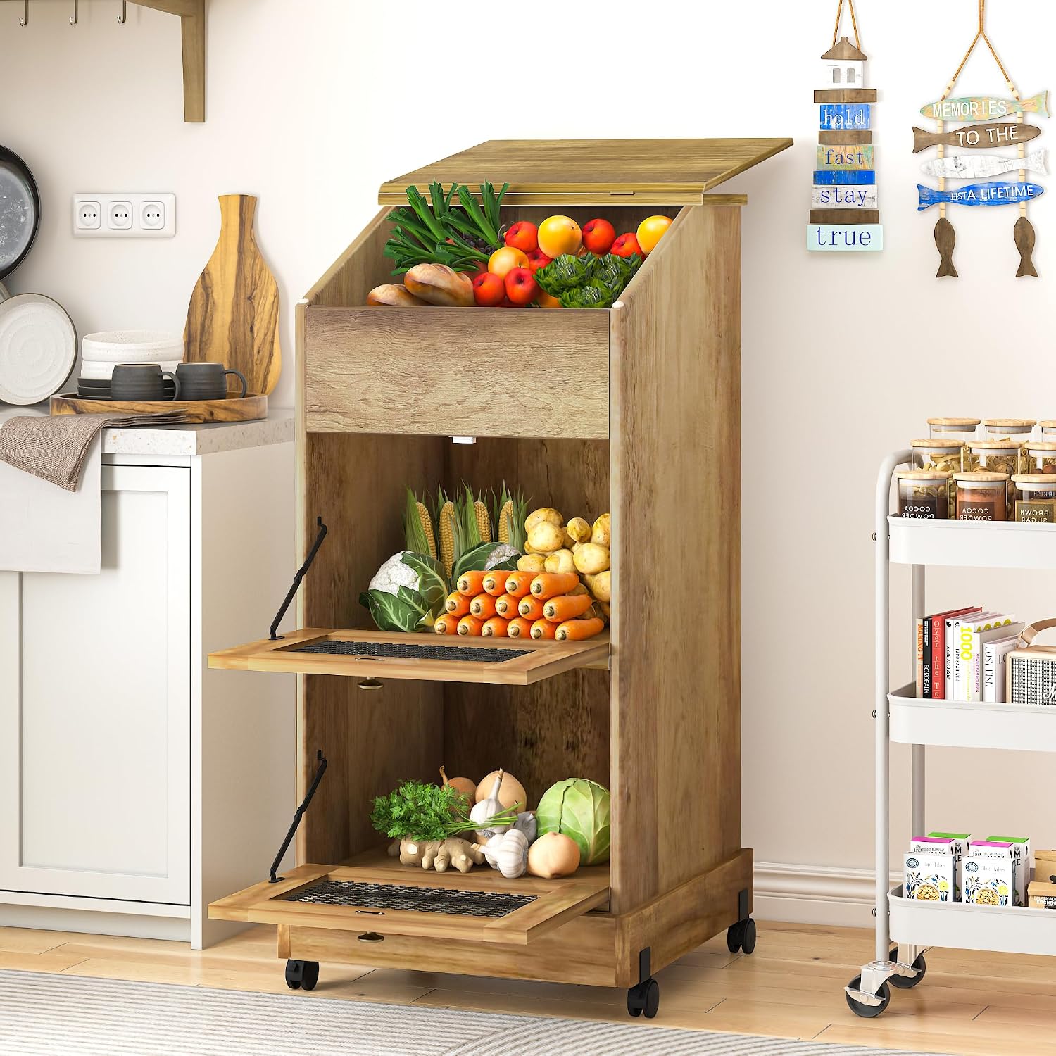 Food Storage On Wheels - 바퀴 달린 나무 감자 보관 캐비닛,