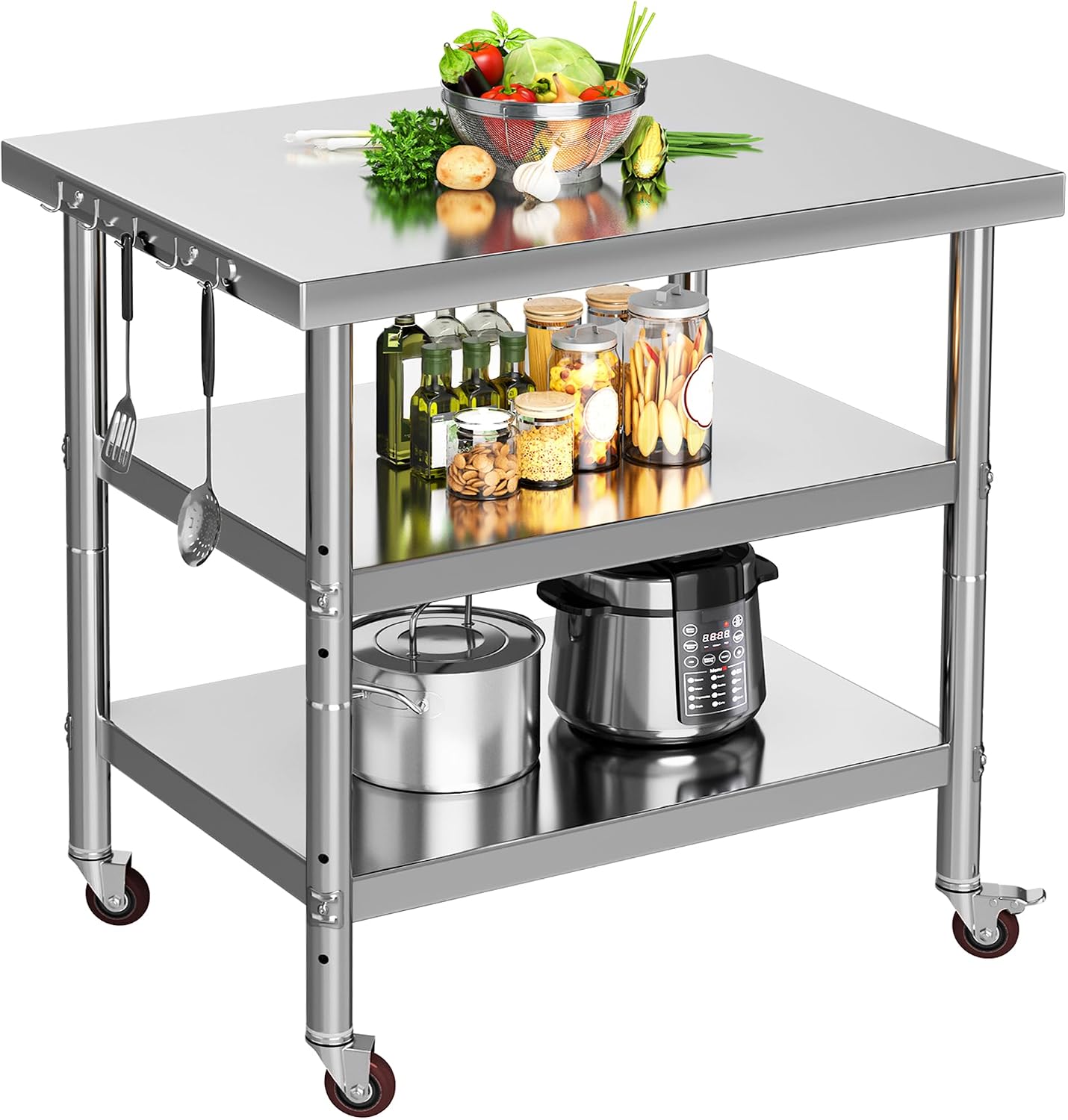 Food Storage On Wheels - 스테인리스 스틸 식품 준비 테이블, 3단