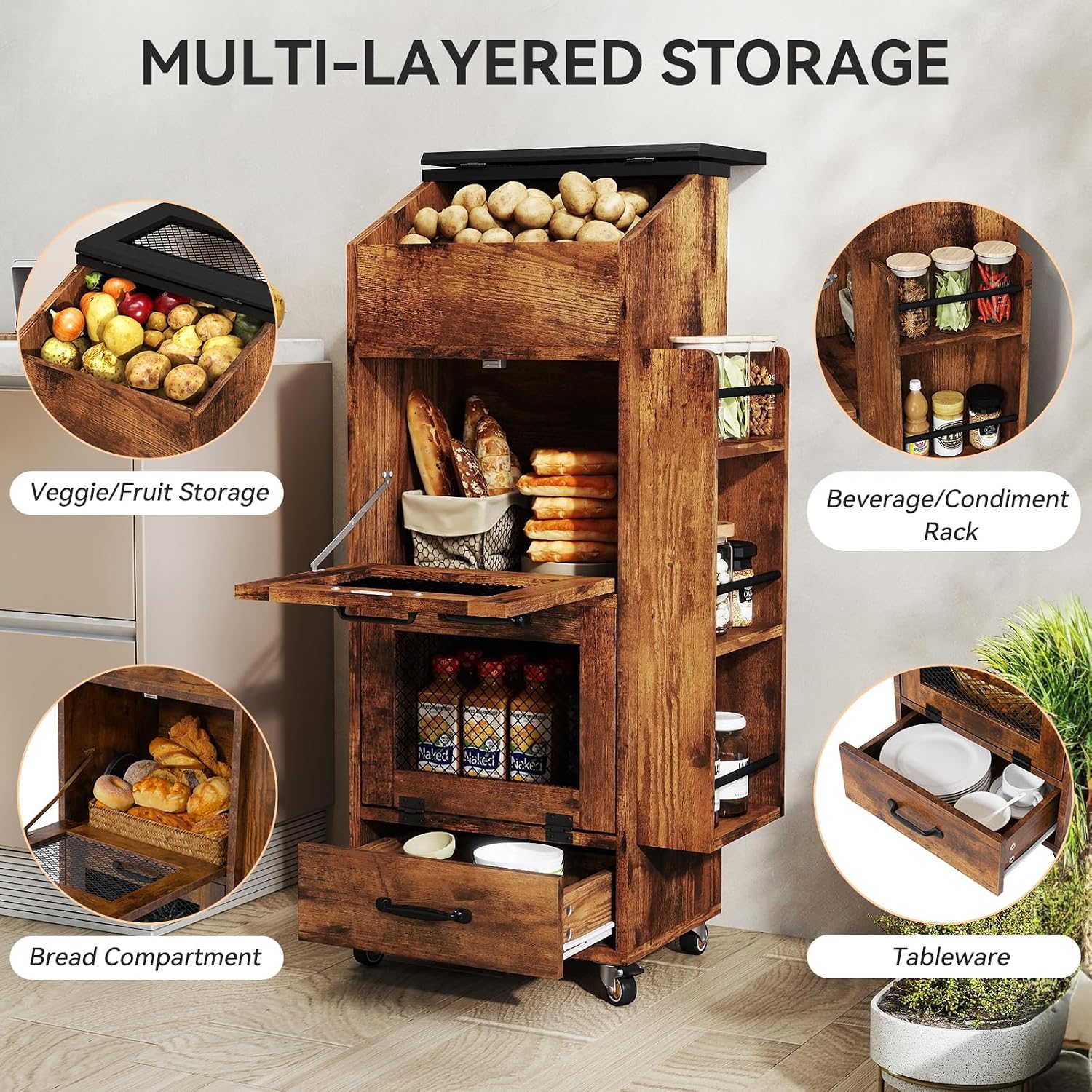 바퀴 달린 감자 양파 보관함, 나무 빵 보관함 주방 카 - Food Storage On Wheels 리뷰 및 가격