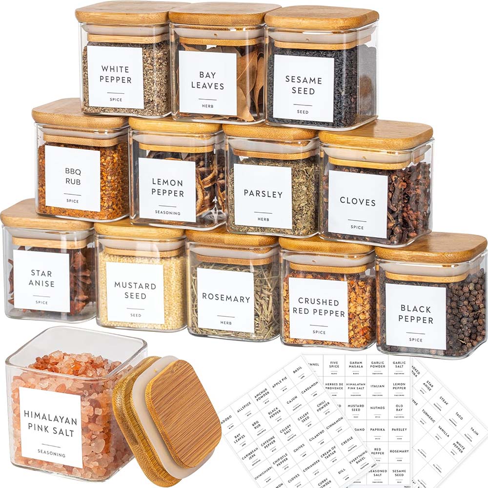 향신료 라벨이 있는 유리 항아리 세트, 대나무 뚜껑이  - Food Storage With Glass Lids 리뷰 및 가격