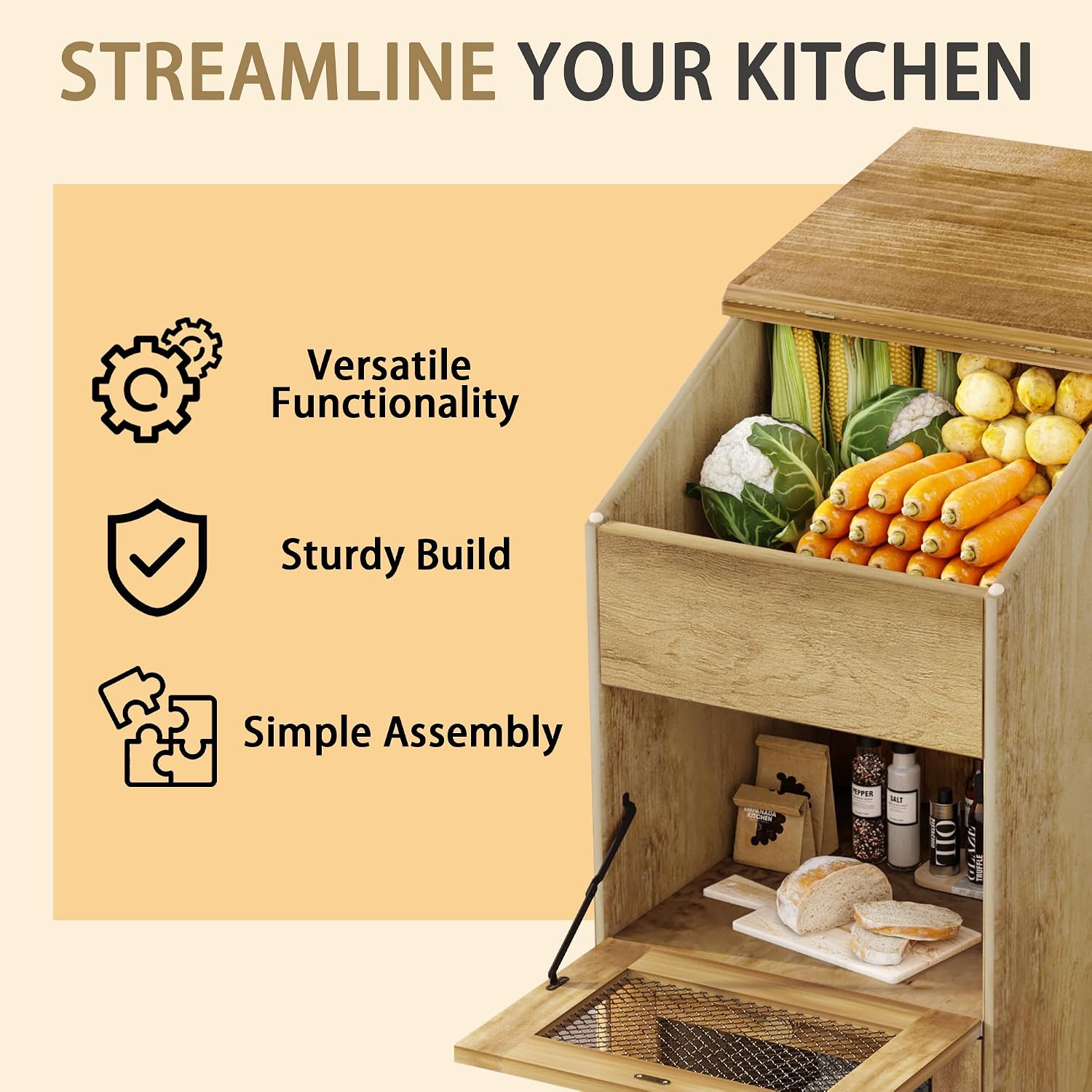 바퀴 달린 나무 감자 보관 캐비닛, 3단 이동식 주방  - Food Storage On Wheels 리뷰 및 가격