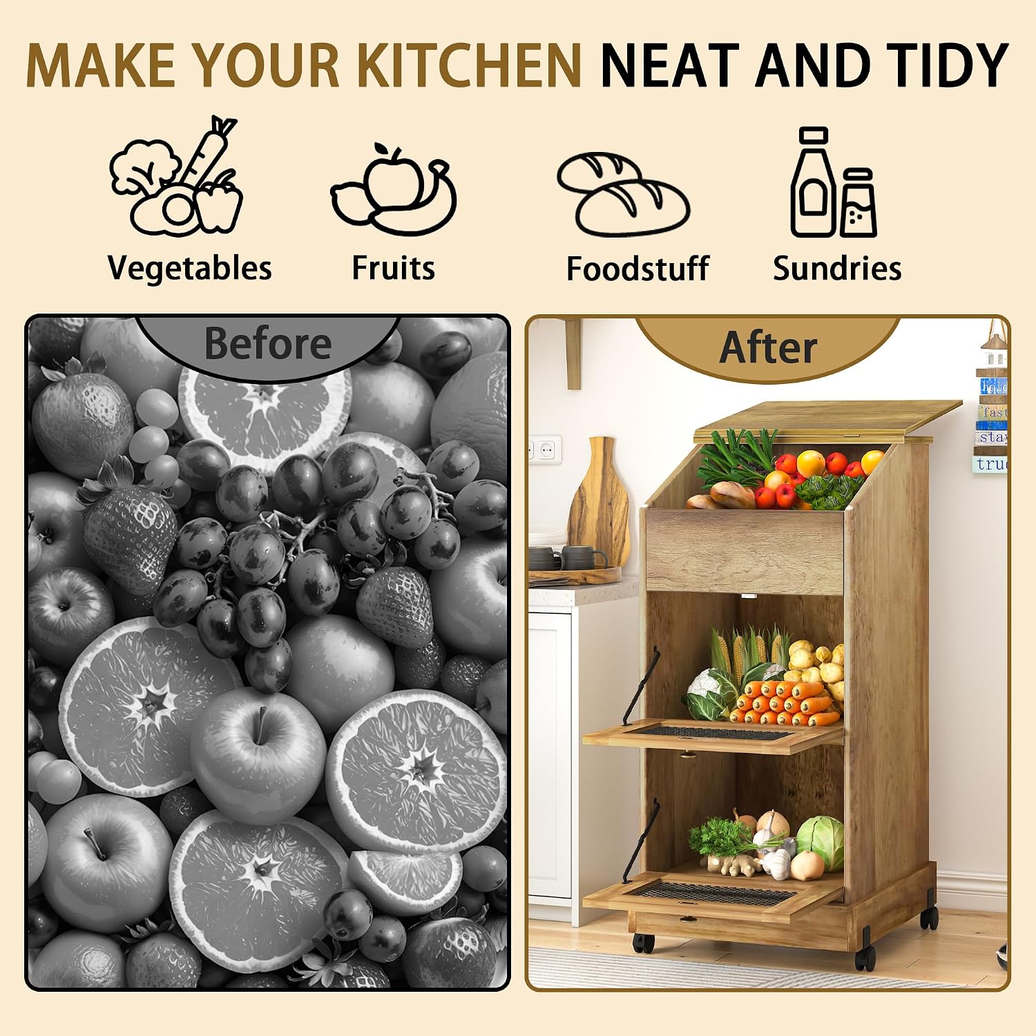 바퀴 달린 나무 감자 보관 캐비닛, 3단 이동식 주방  - Food Storage On Wheels 리뷰 및 가격