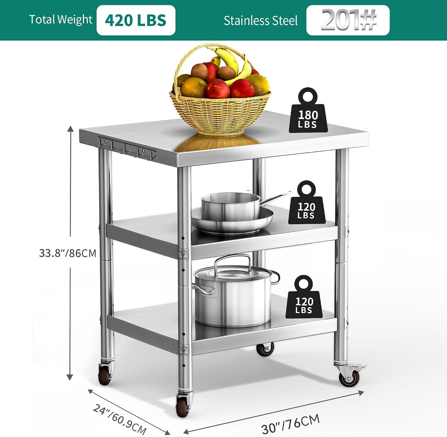 스테인리스 스틸 식품 준비 테이블, 3단 헤비듀티 금속 - Food Storage On Wheels 리뷰 및 가격