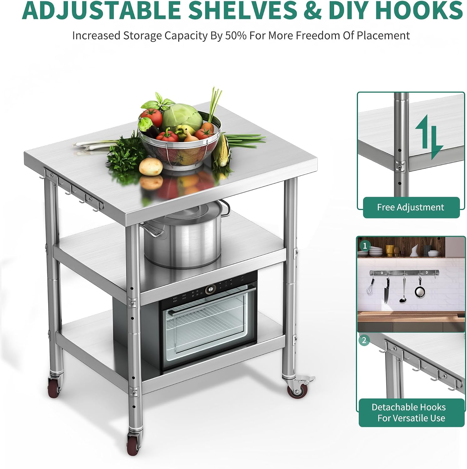 스테인리스 스틸 식품 준비 테이블, 3단 헤비듀티 금속 - Food Storage On Wheels 리뷰 및 가격